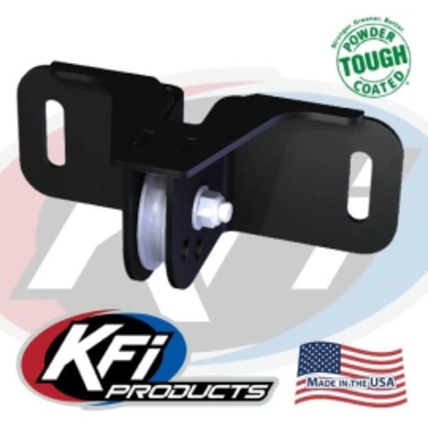 Black powder-coated metal pulley bracket for ATV accessories.