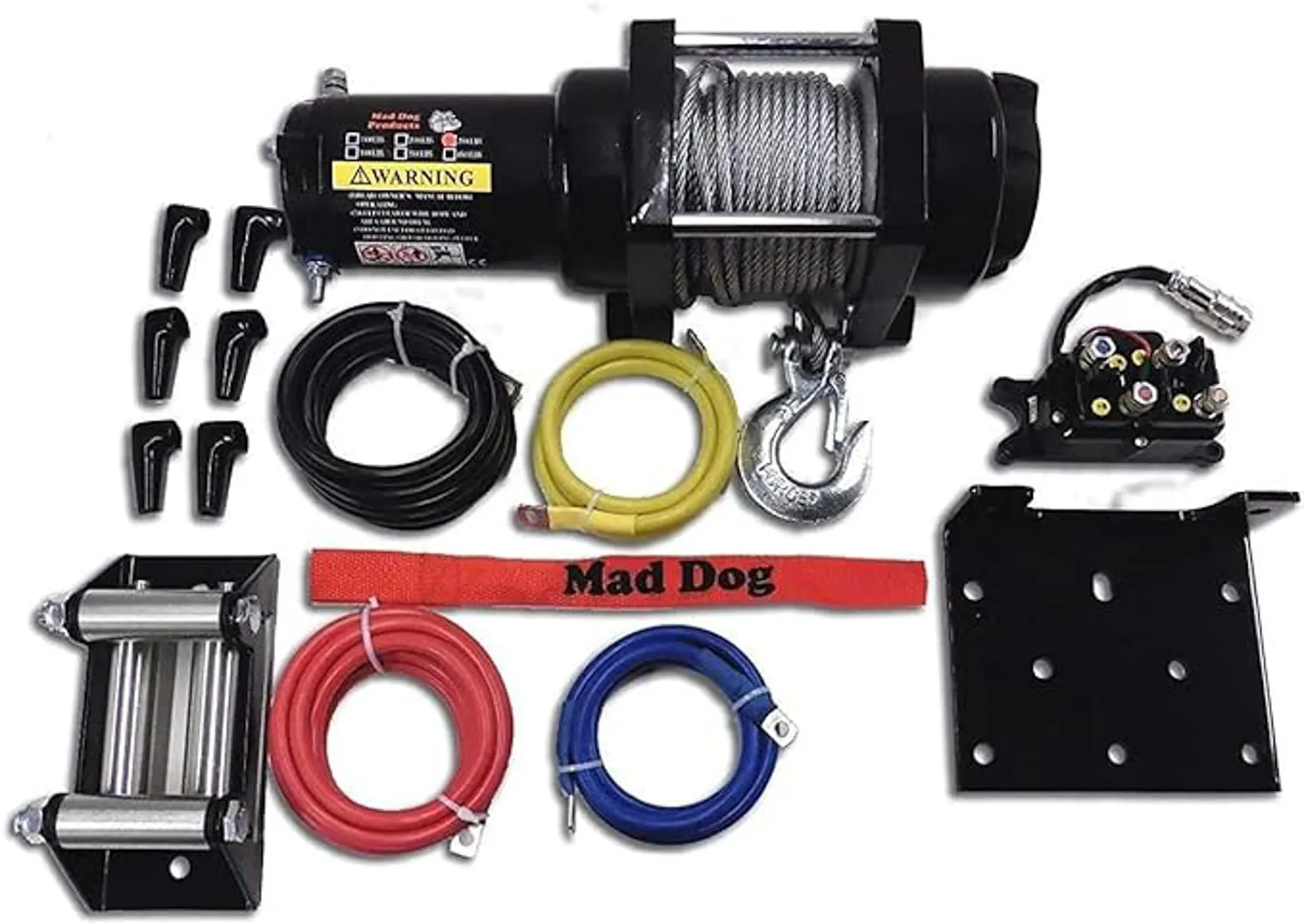 Complete electric winch kit with steel cable and mounting accessories.