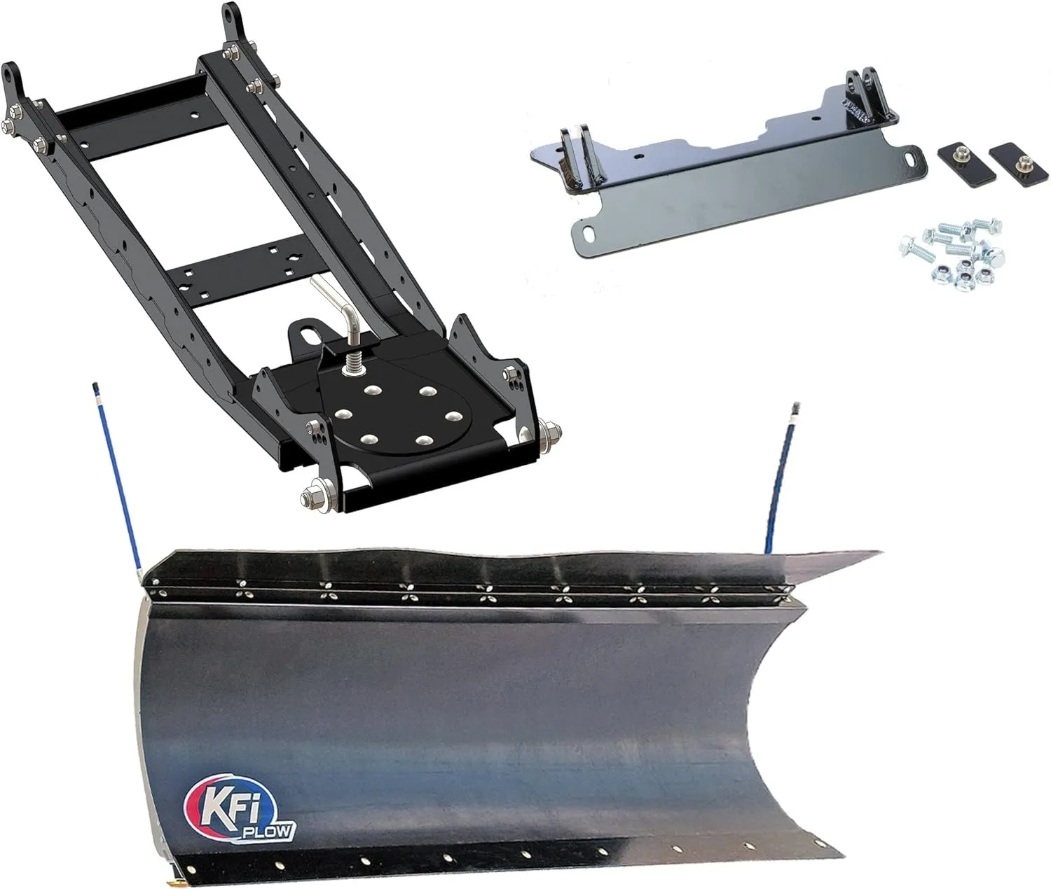 KFi snow plow kit with blade, frame, and mounting hardware.