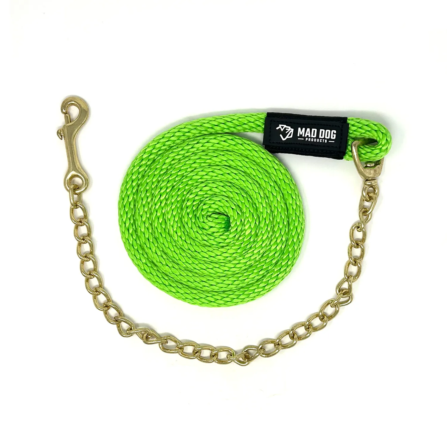 24-Chain-Solid-Braid-Lime Coiled lime green dog lead with brass chain and hook.