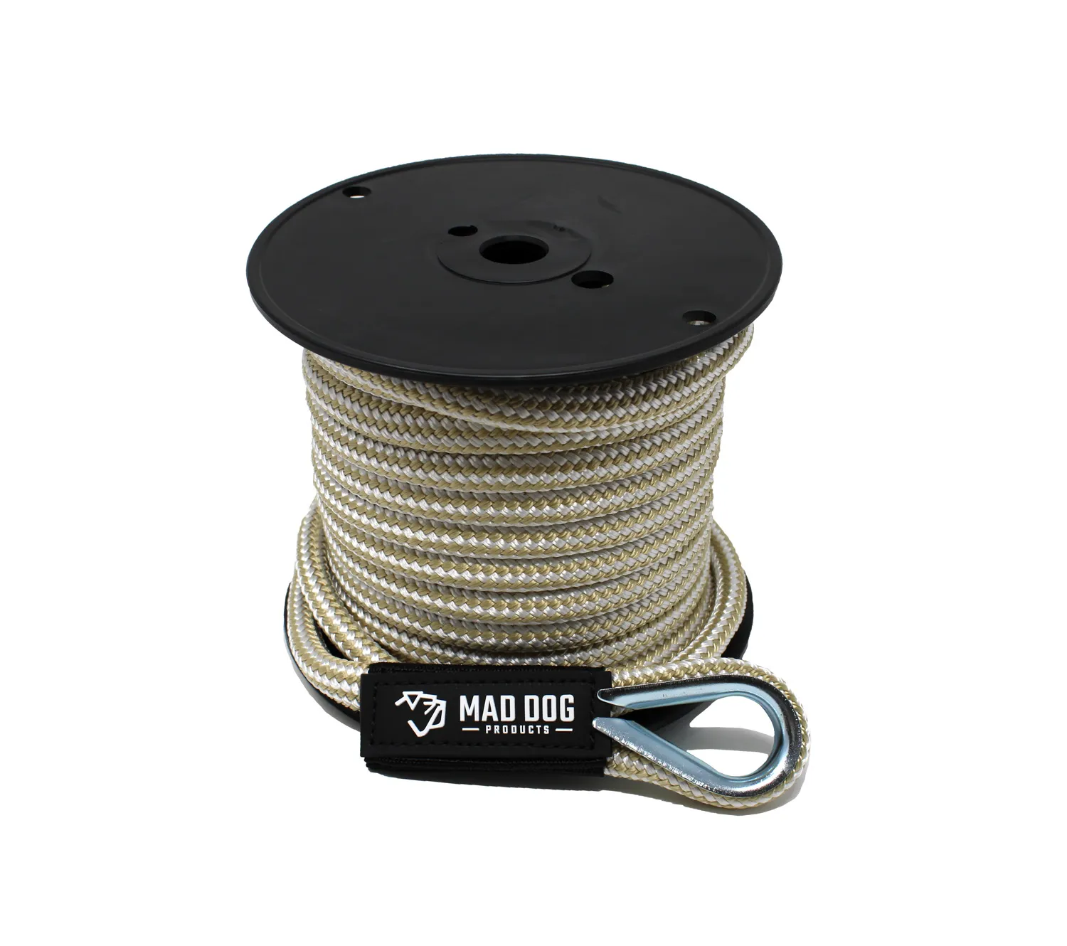 Braided nylon rope on a black spool with thimble eyelet.