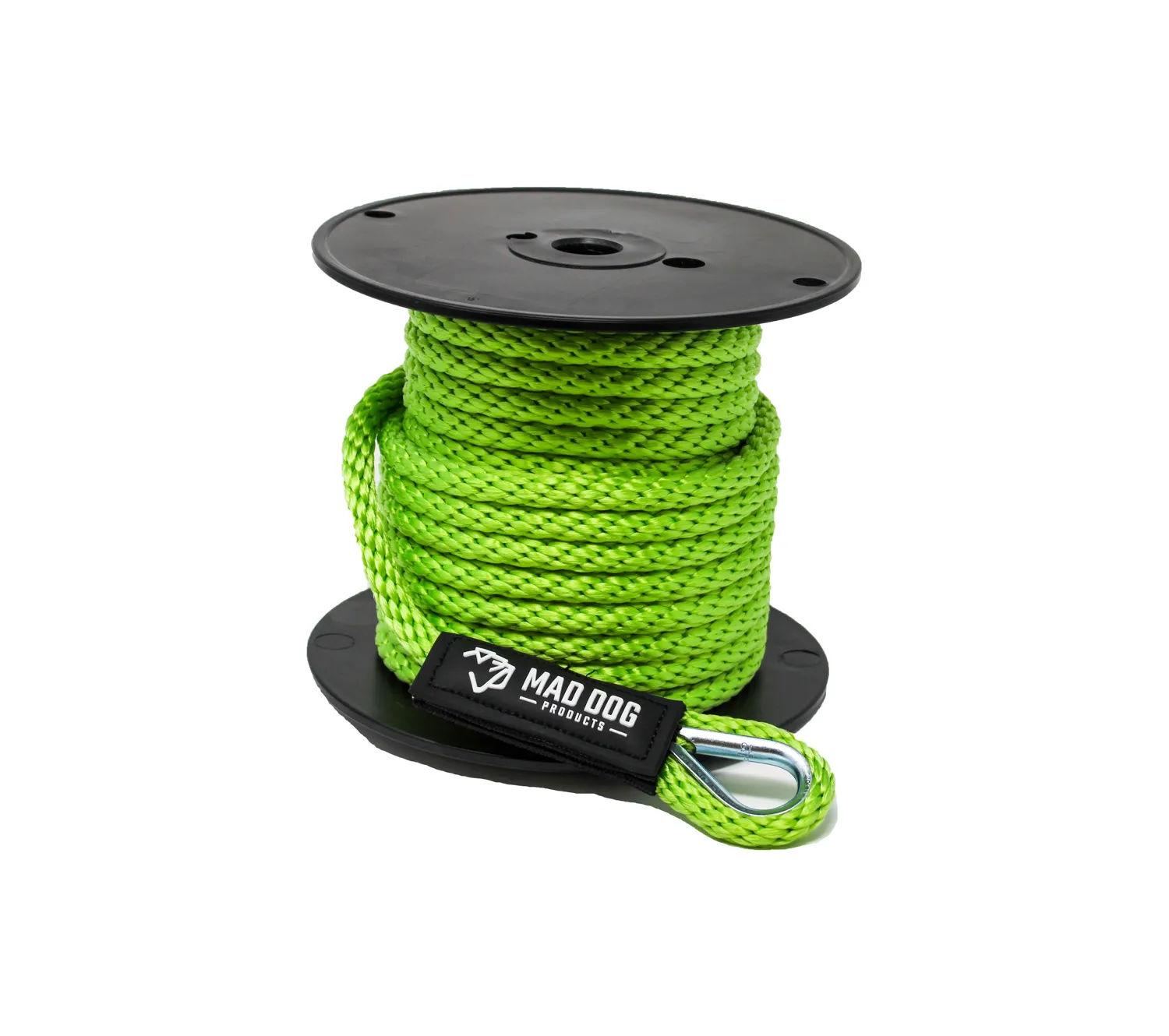 Neon green braided rope wound on a black plastic spool.