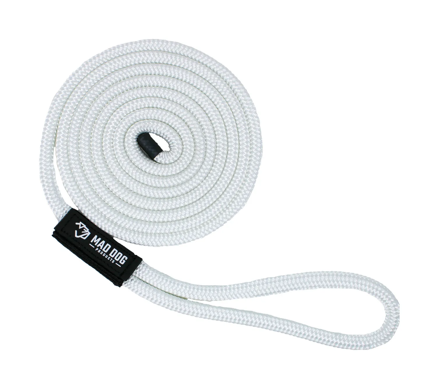 White braided marine dock line with loop and brand label.