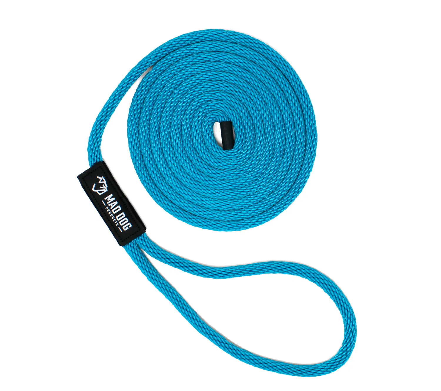 Coiled bright blue braided rope with brand tag.
