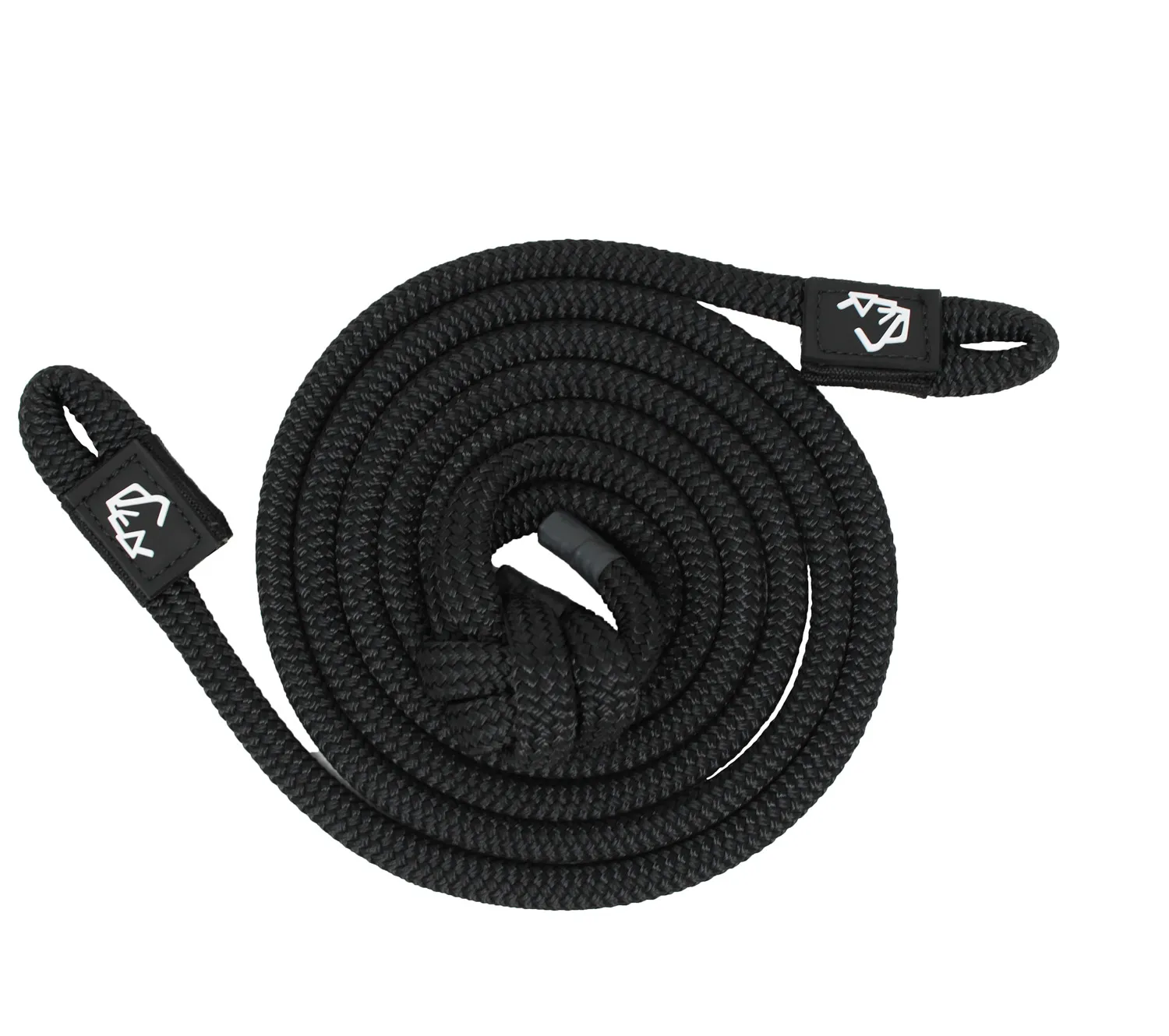 Coiled black braided rope with branded loops on ends.