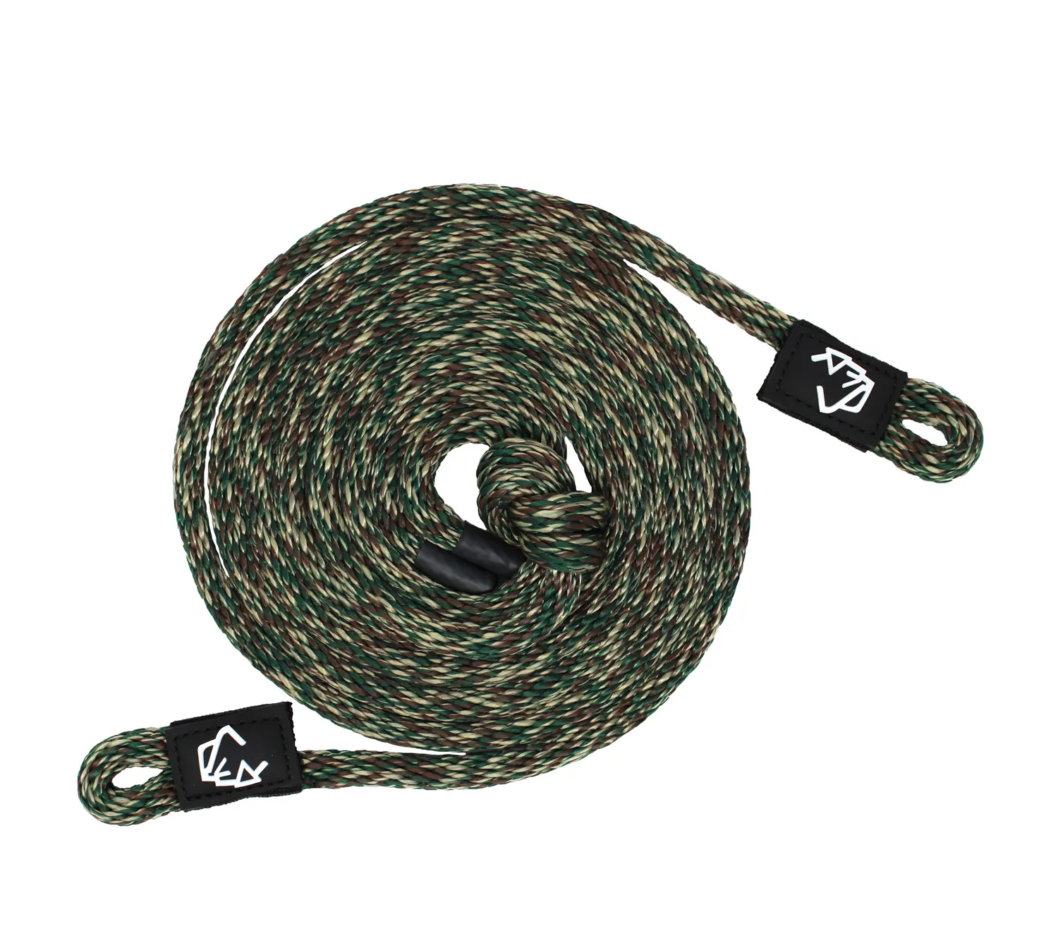 Coiled camouflage rope leash with black logo tags.
