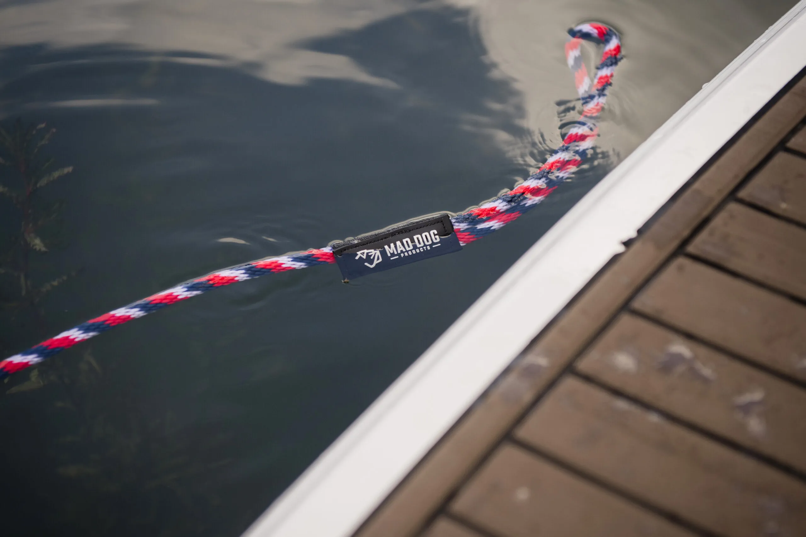 Red, white, and blue floating braided dock rope.