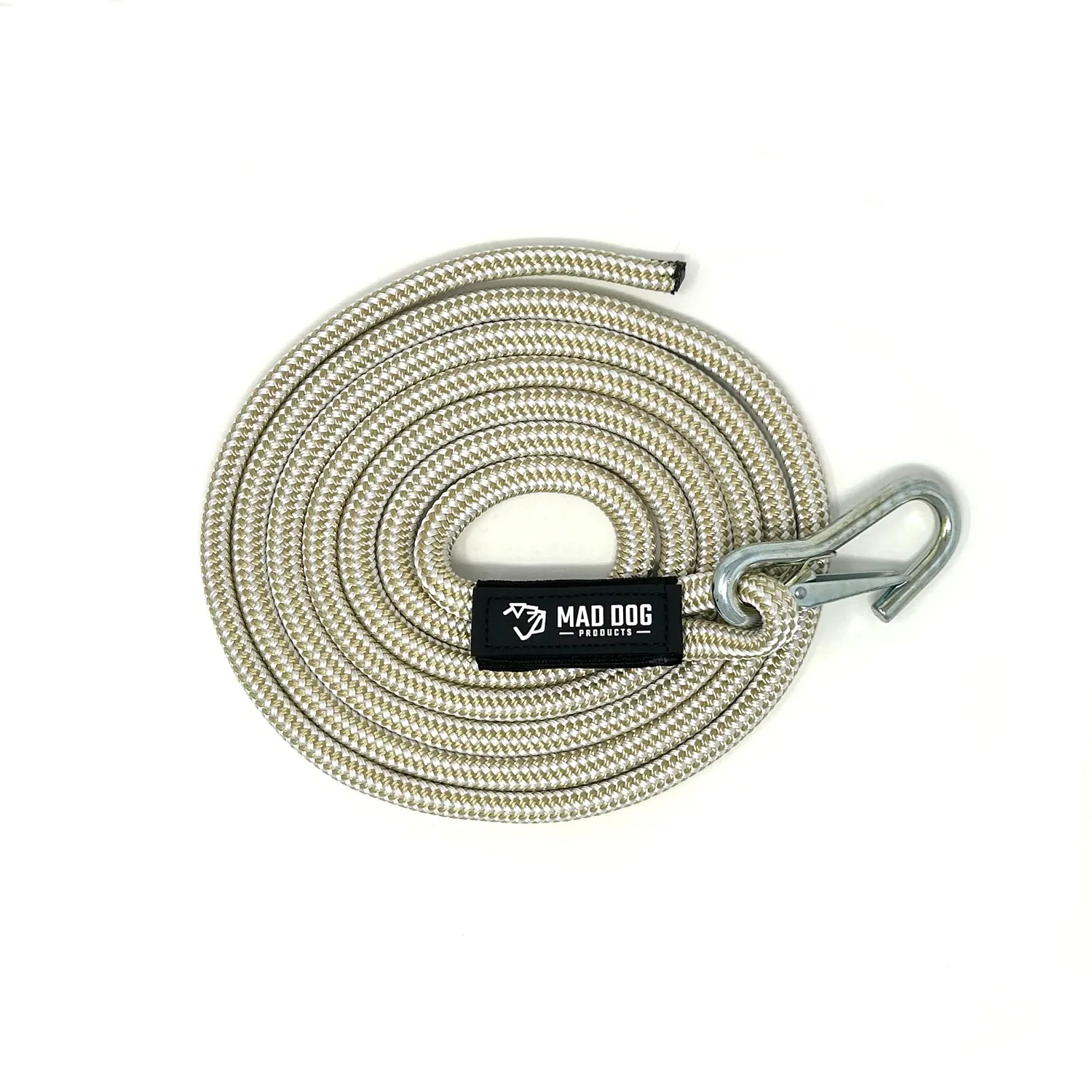 Beige coiled rope with a metal snap hook.
