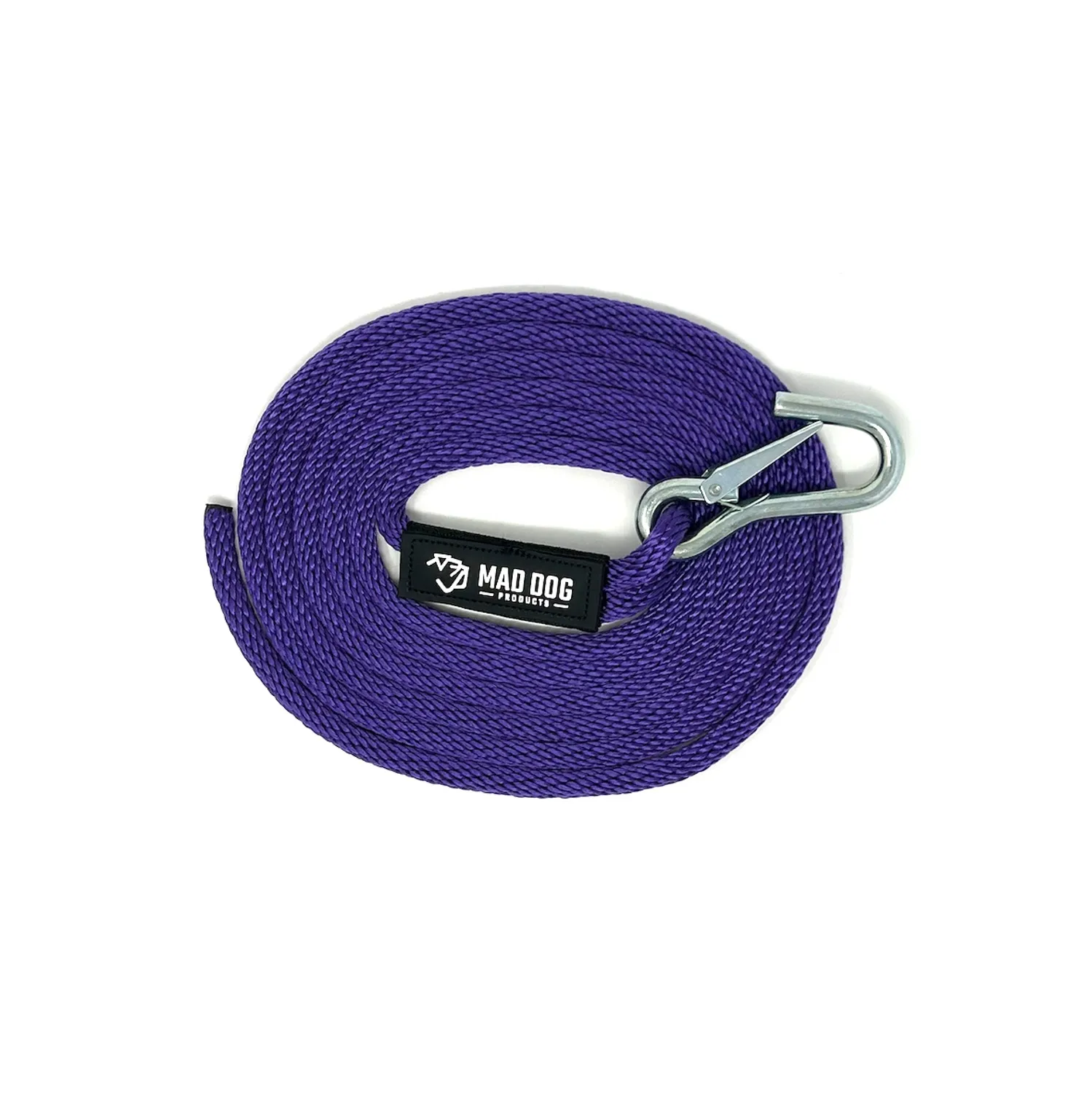Coiled purple rope with a metal snap hook.