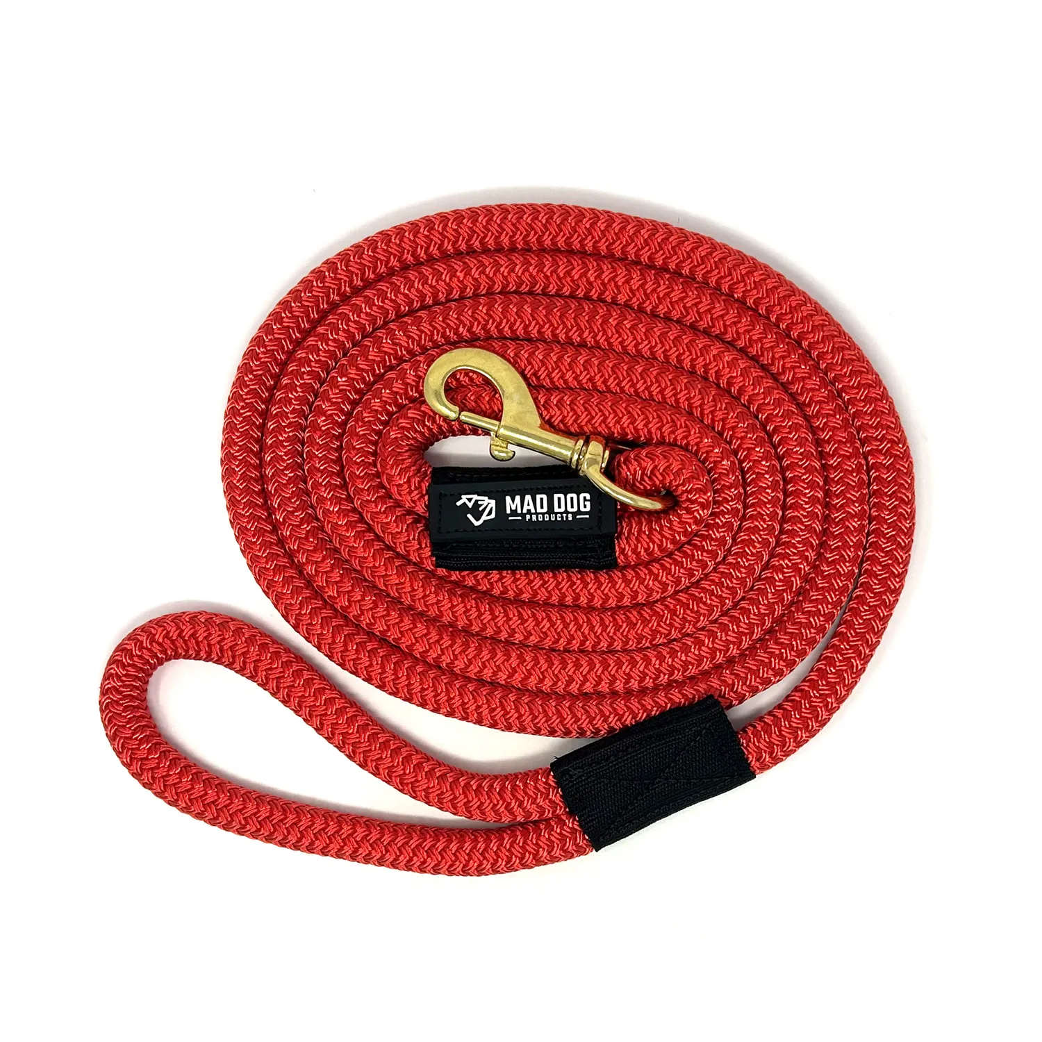 Red braided rope dog leash with gold brass snap hook.