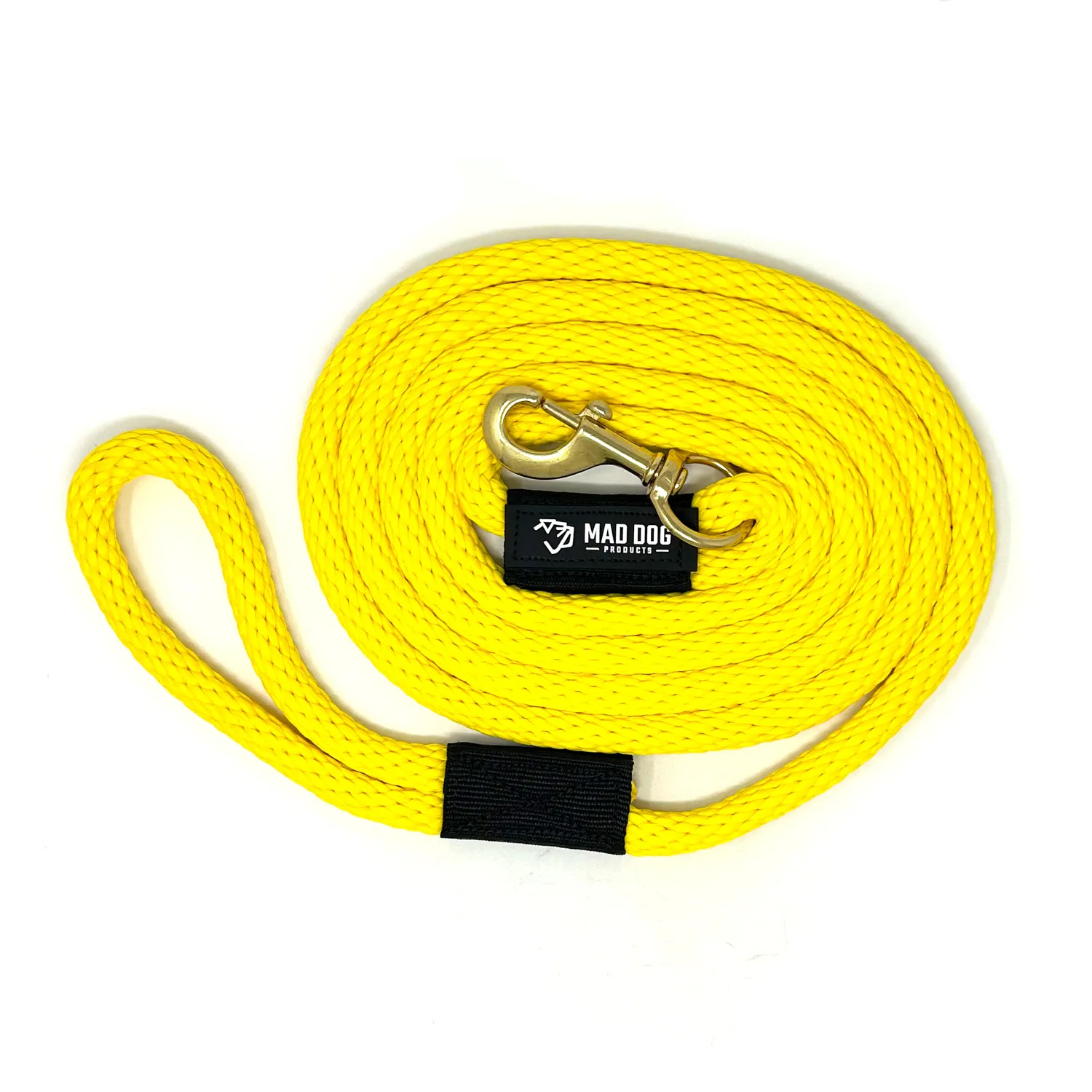 Coiled bright yellow rope dog lead with brass snap hook.