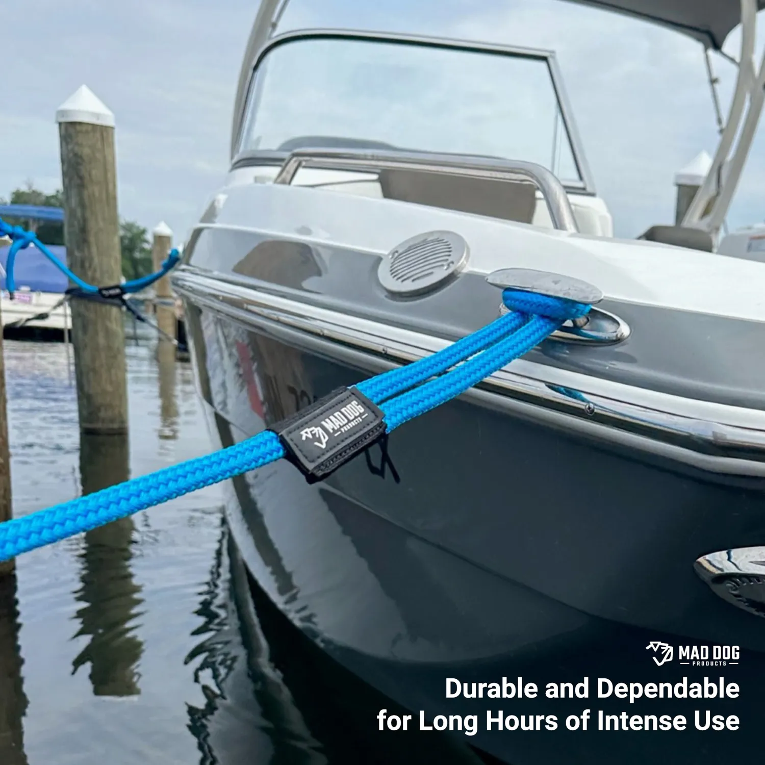 Blue Mad Dog boat dock line secured to a cleat.