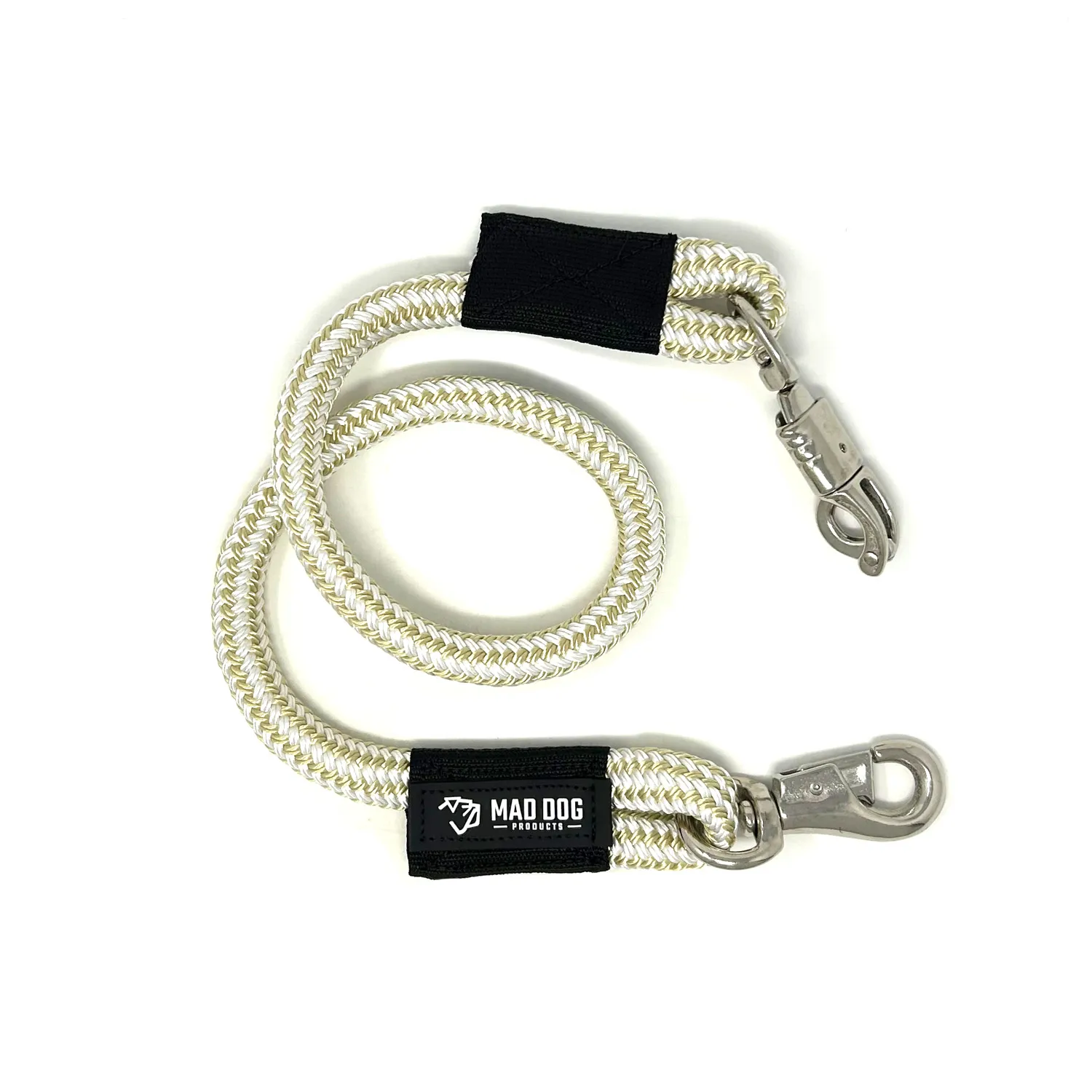White and gold braided rope leash with two metal clips.