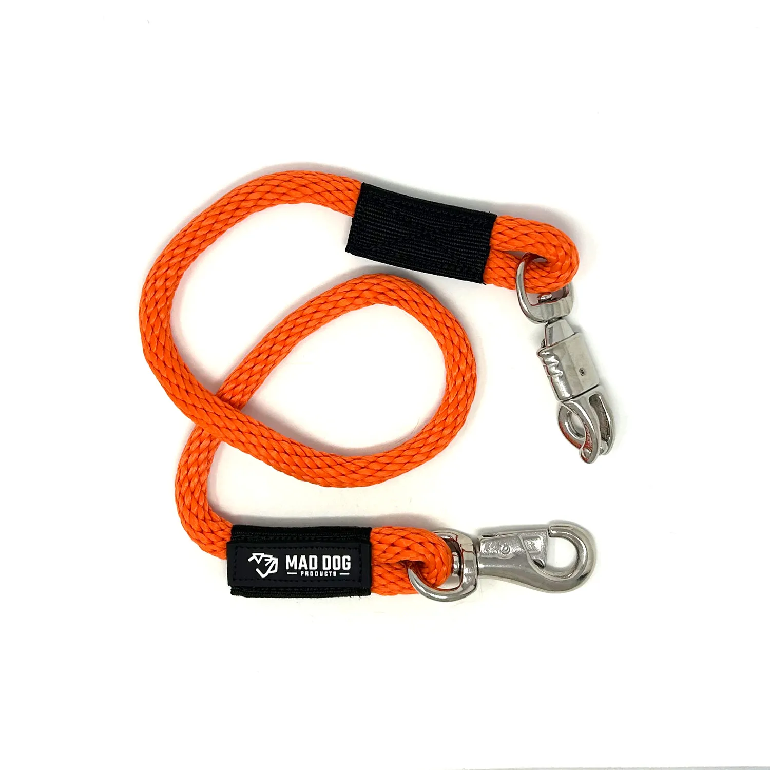 Bright orange braided rope dog leash with two metal clips.