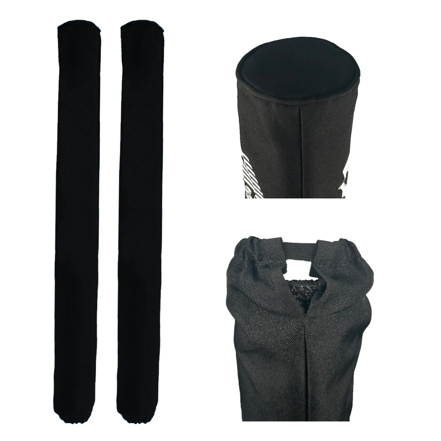 Long black fabric protective sleeves with elastic strap closures.