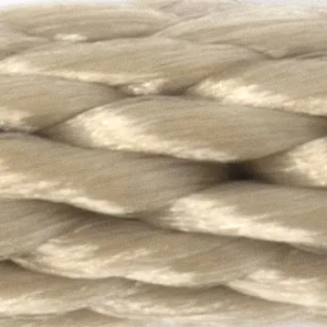 Macro view of a thick, beige braided rope.