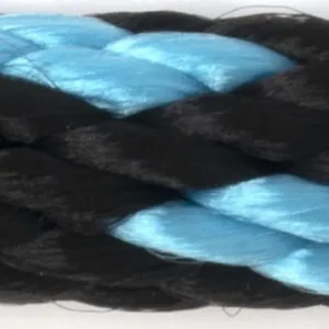 Close-up of a braided black and blue synthetic rope.