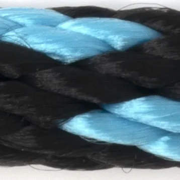 Close-up of a braided black and blue synthetic rope.