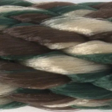 Close-up of a green, brown, and cream braided rope.