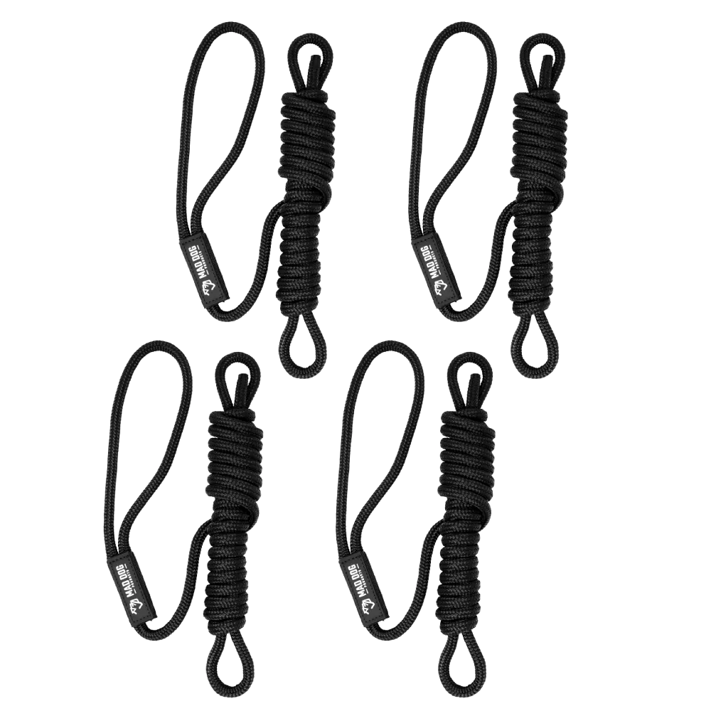 Set of four black nylon dock line accessories for boating and marine use.