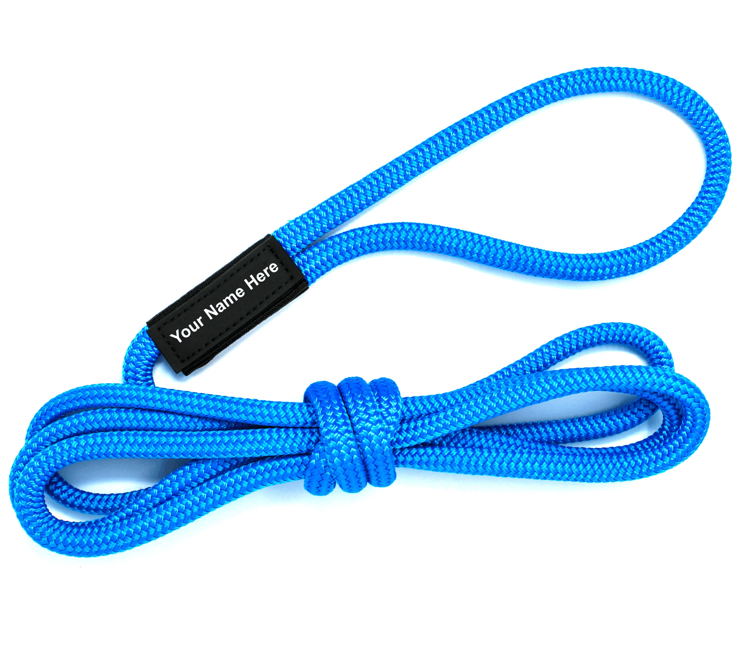 Bright blue braided rope dog leash with customizable tag