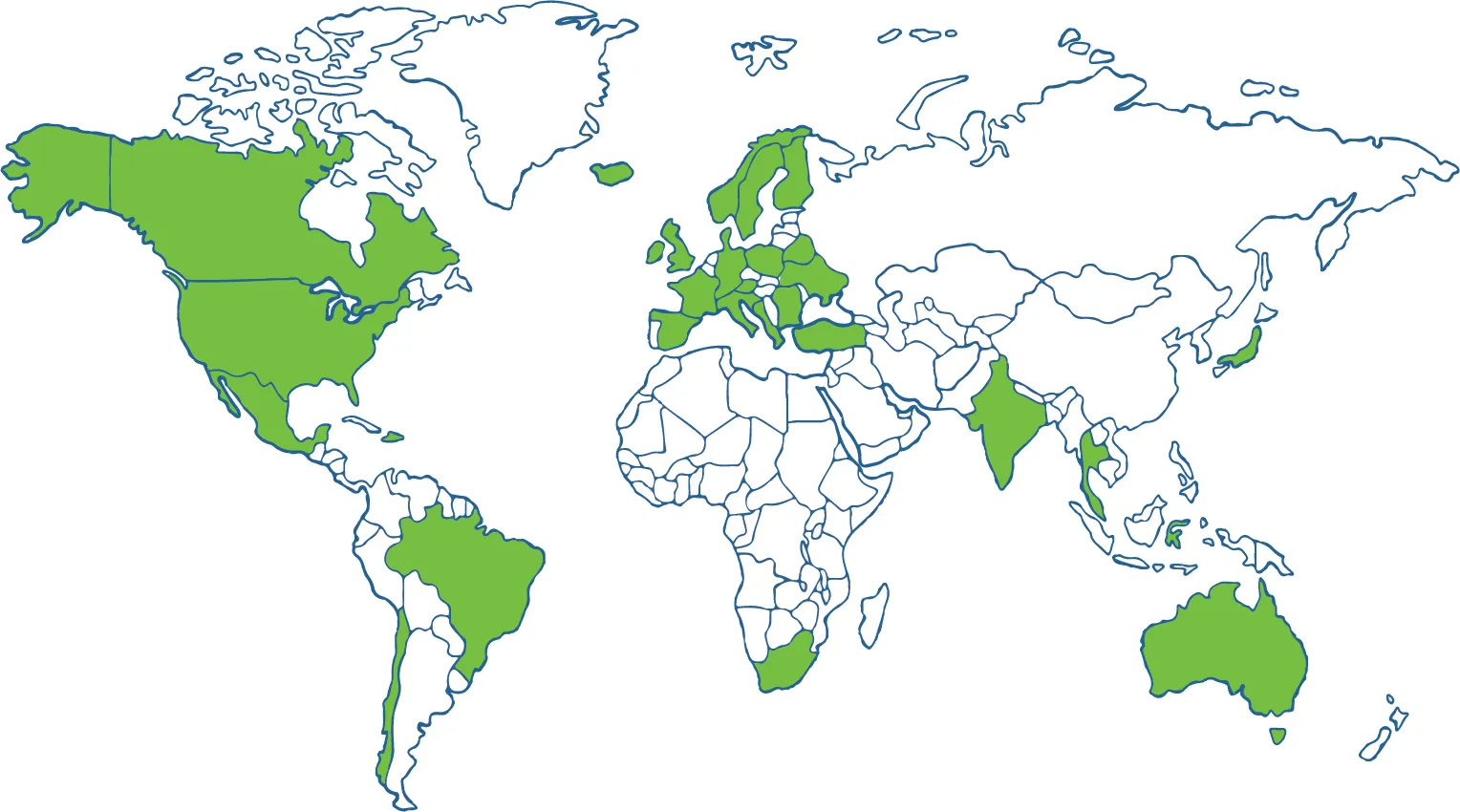 World map with several countries highlighted in green.