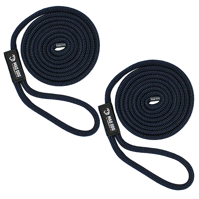 Navy blue nylon dock lines with metal fittings for boating.