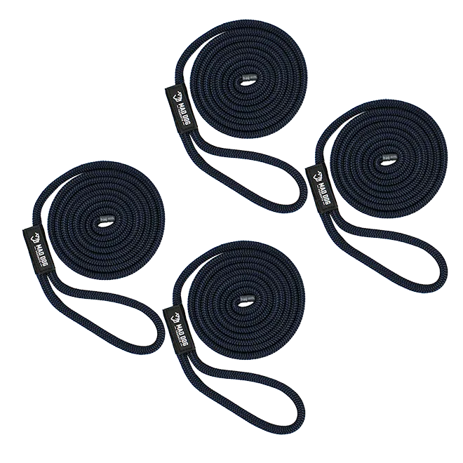 Four navy blue nylon dock lines with loops for boat docking.