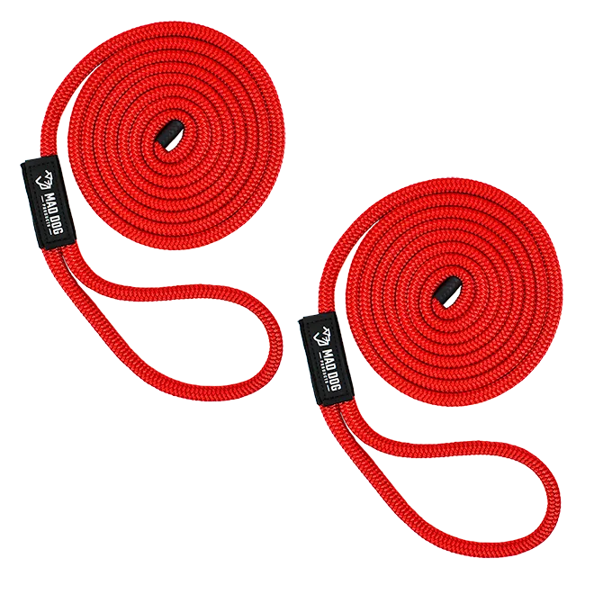 Red nylon dock lines with black logo tags for boating and marine use.