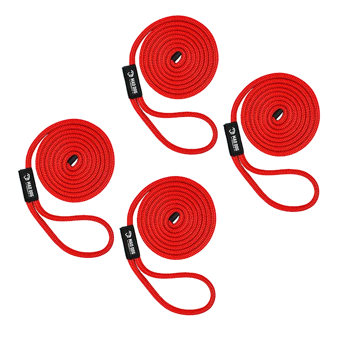 Red nylon dock lines for boating and marine use.