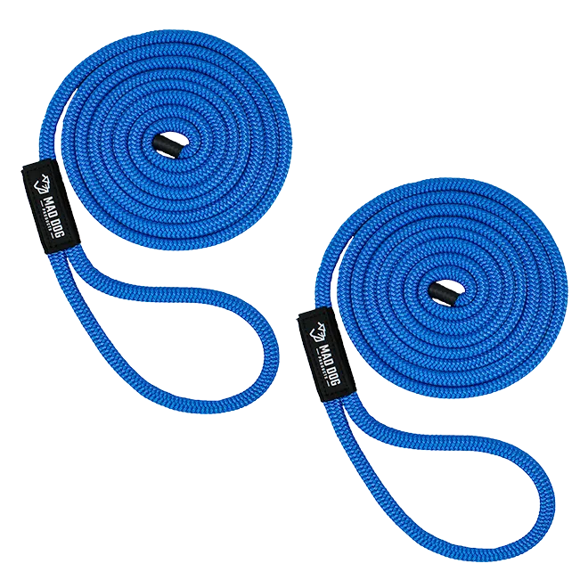 Blue nylon dock lines for boating and marine use.