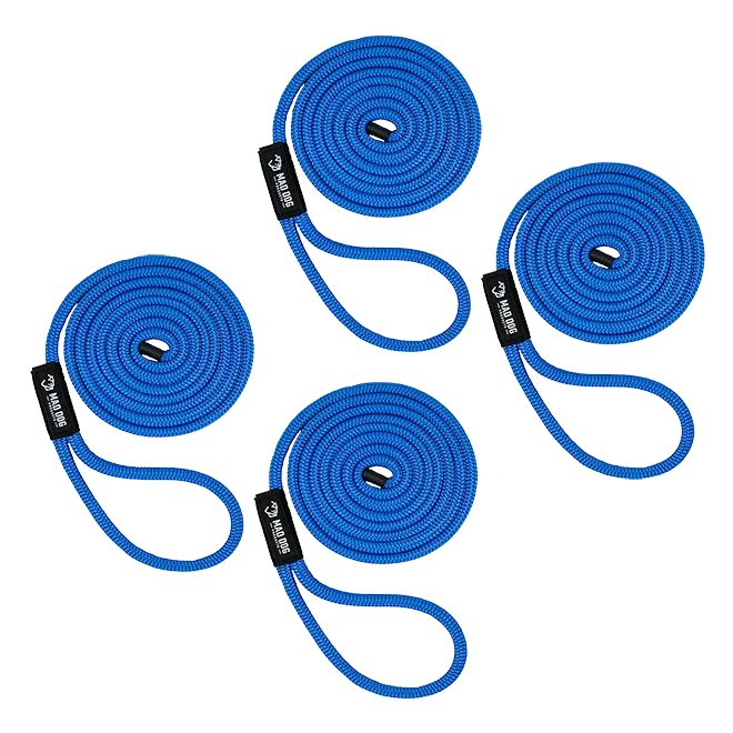 Blue nylon dock lines for boating and marine use by Mad Dog Products.