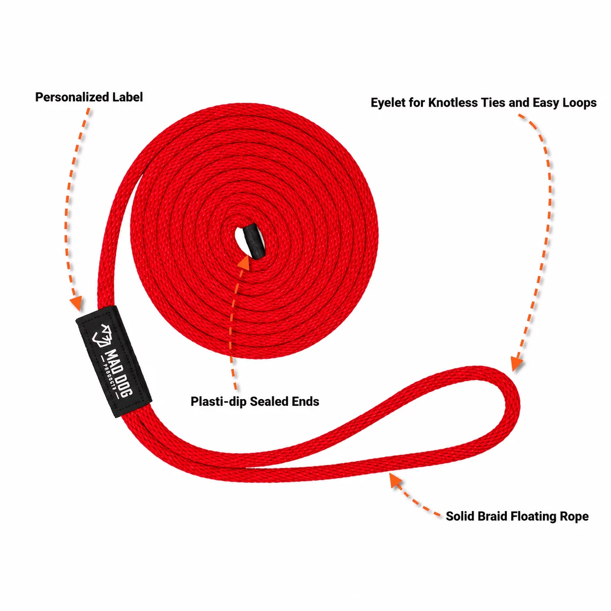 Mad Dog Products Nylon Dock Line Red nylon dock line with personalized label and floating rope.