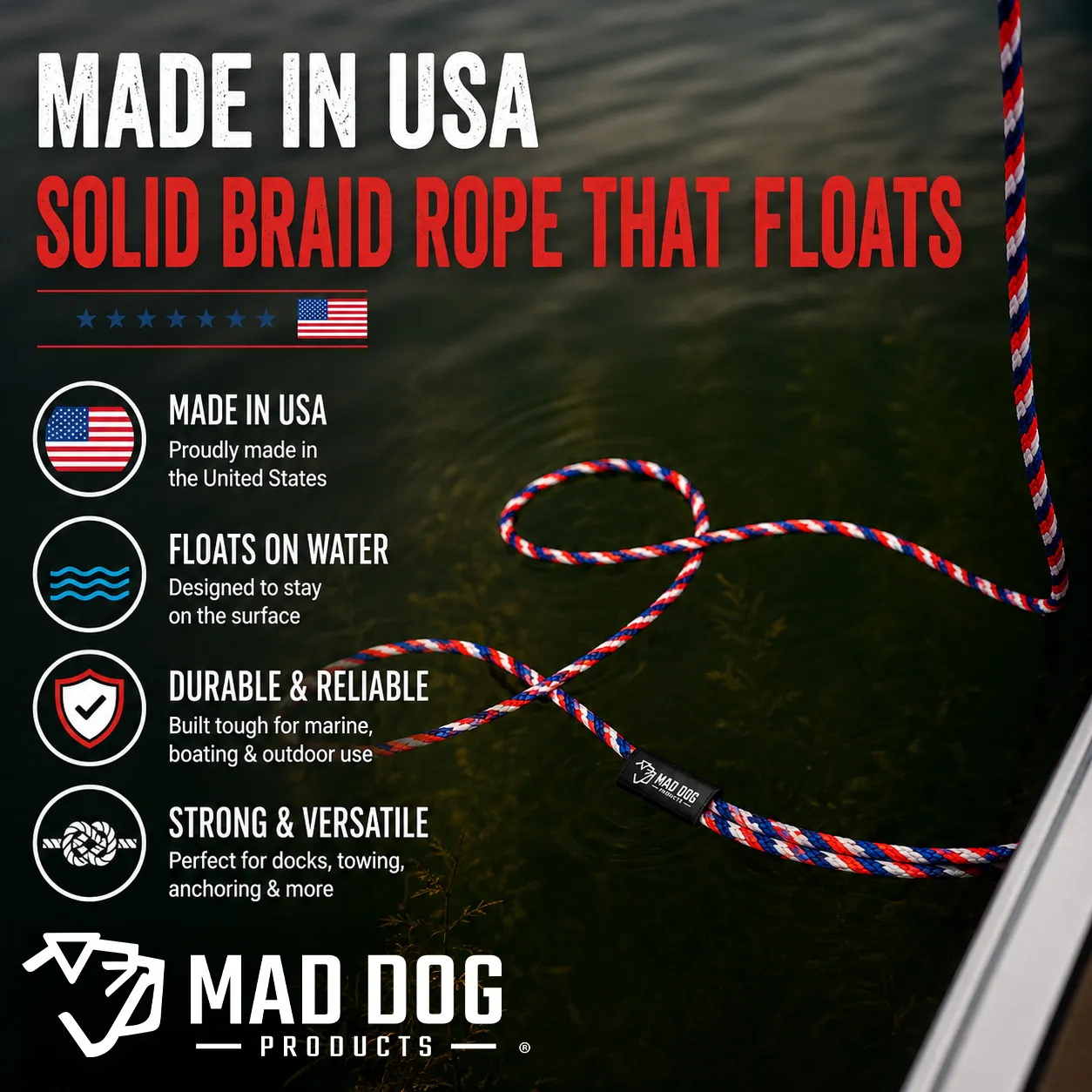 Mad Dog Products Dock Line Durable Mad Dog dock line with braided design for boating and marine use.