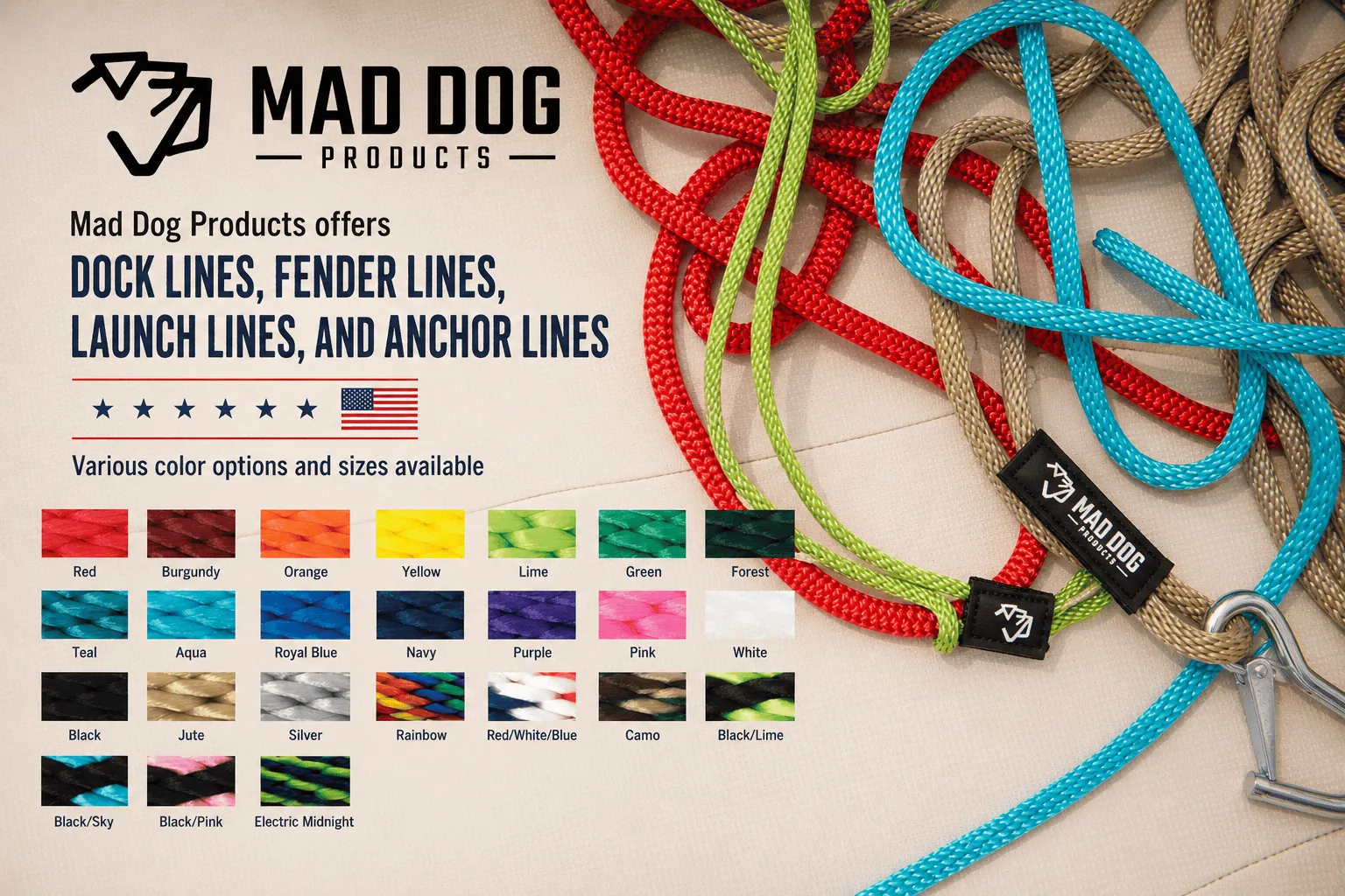 Mad Dog Dock Lines and Accessories Colorful dock lines and fender lines for boating and marine use.