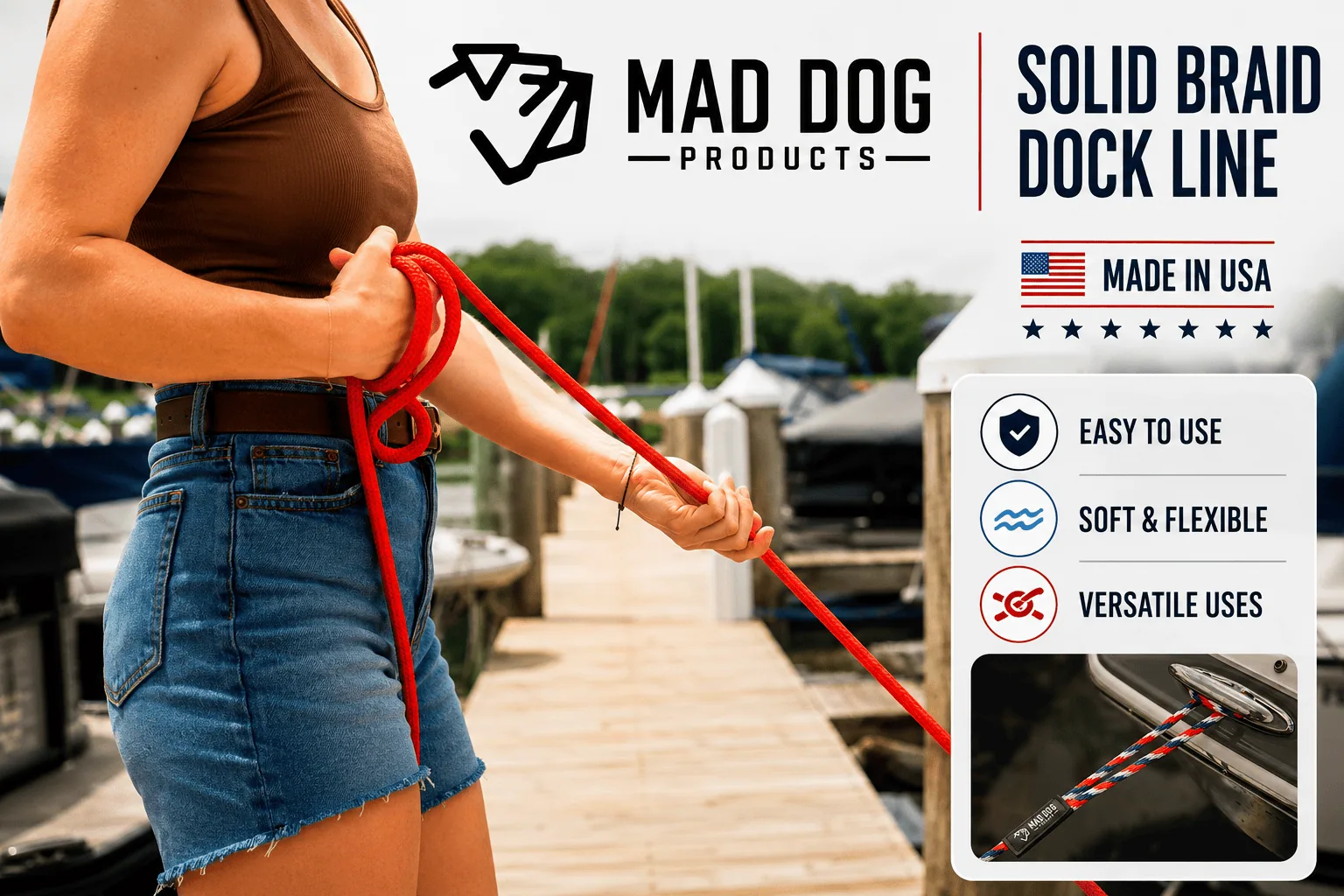 Mad Dog Products Dock Line for Boating Red dock line held by a woman at a marina, durable and flexible for boating.