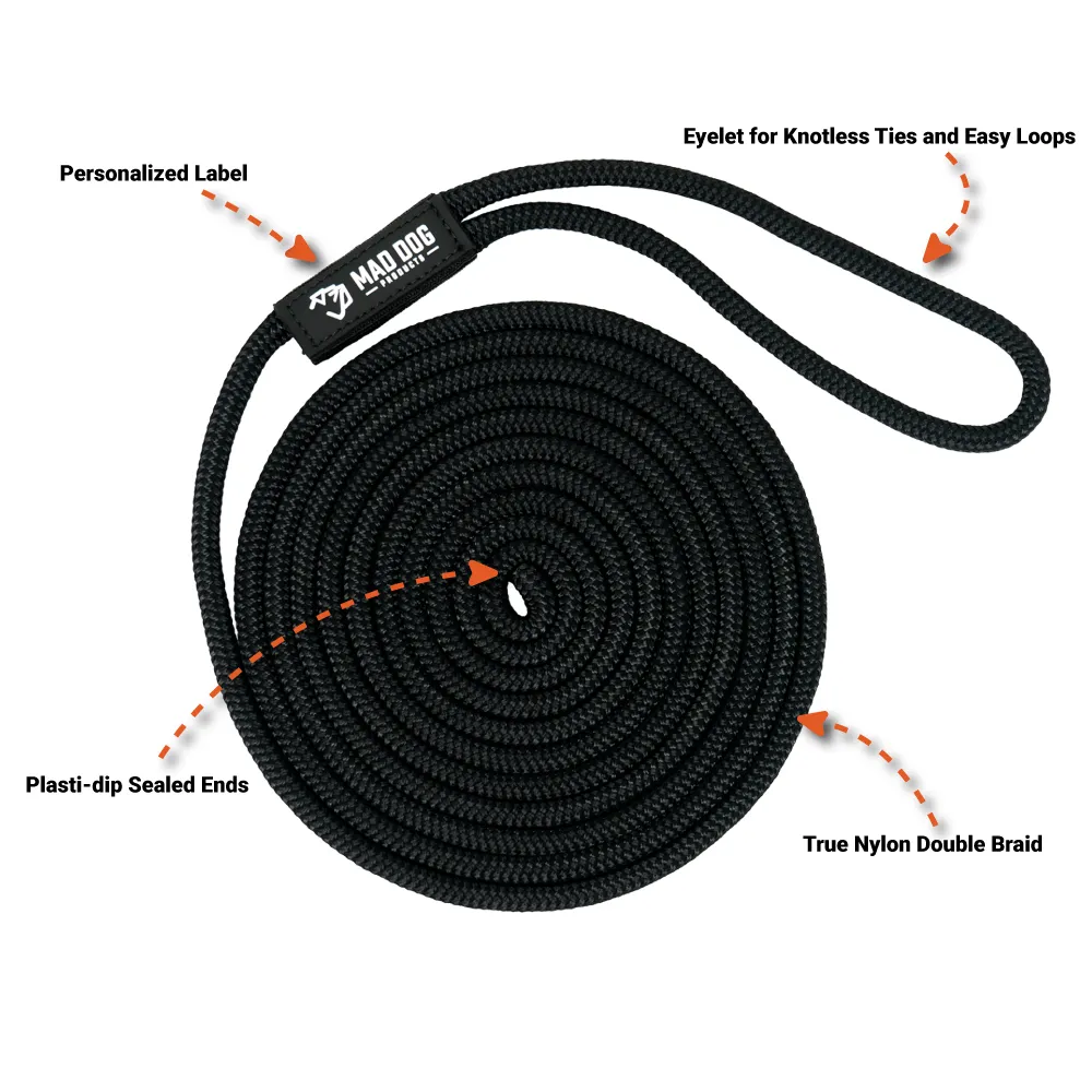 Black nylon dock line with personalized label and double braid construction.