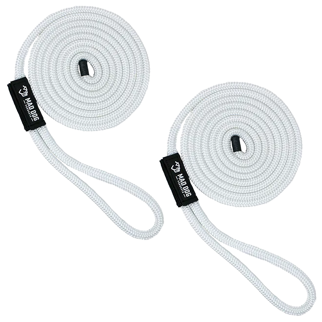 White nylon dock line with loop and black tag for boat docking.