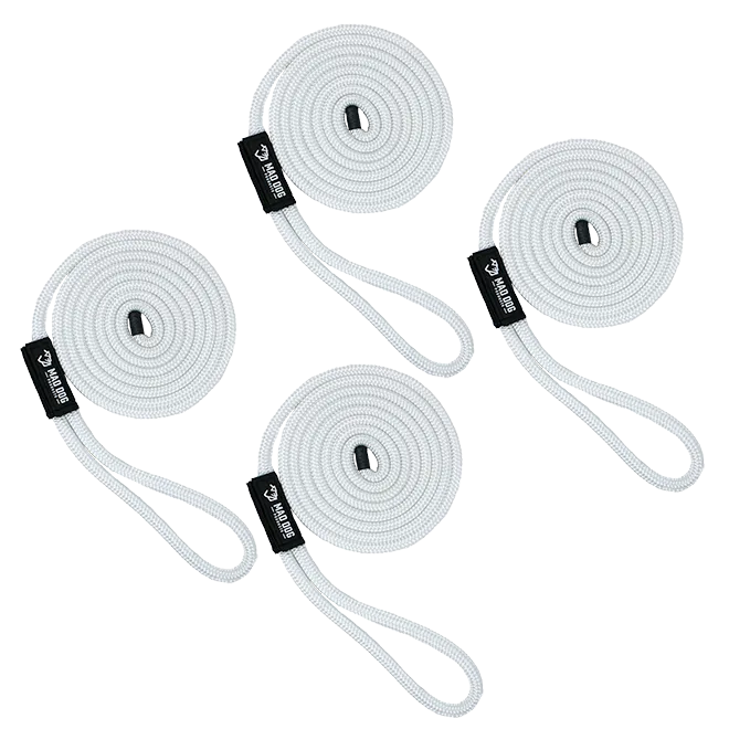 Set of four premium nylon dock lines with loops for boating.