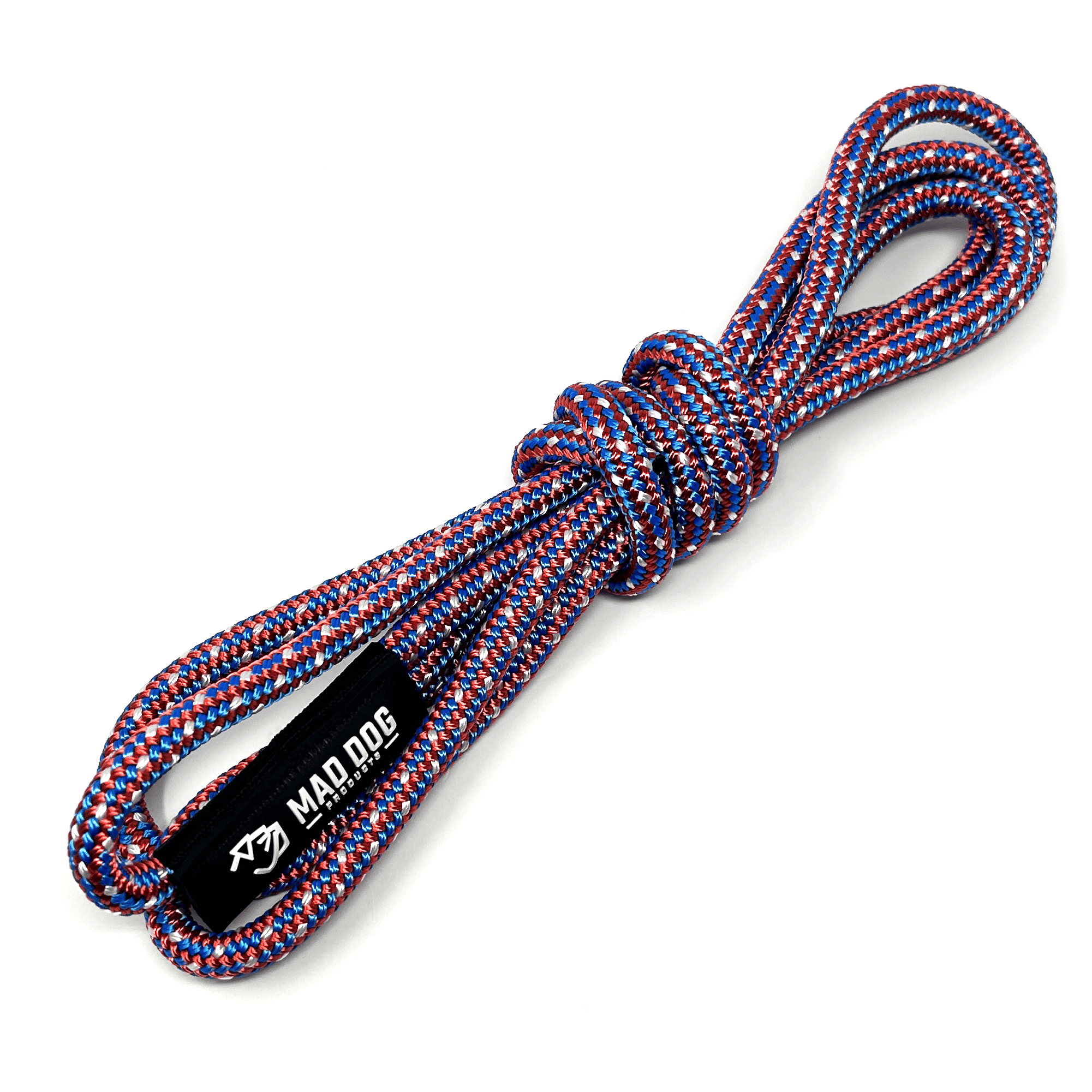 Colorful American-made boat dock line with Mad Dog logo.
