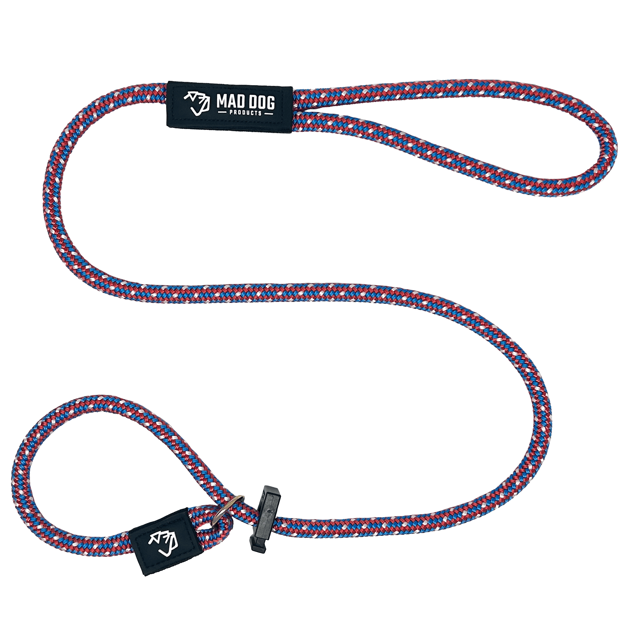 Durable dog leash with red and blue woven design for outdoor walks.