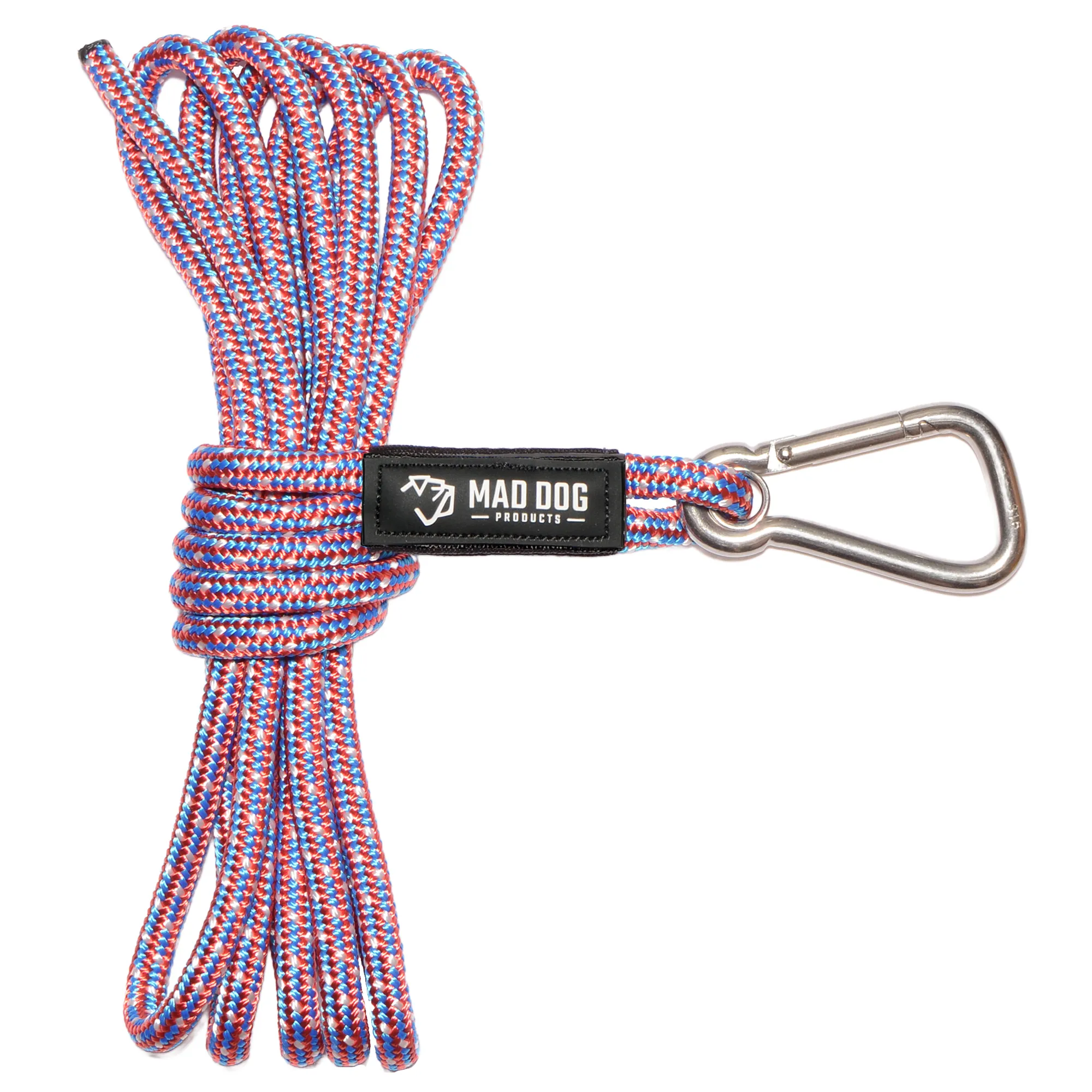 Stainless steel climbing rope with carabiner for saltwater use.