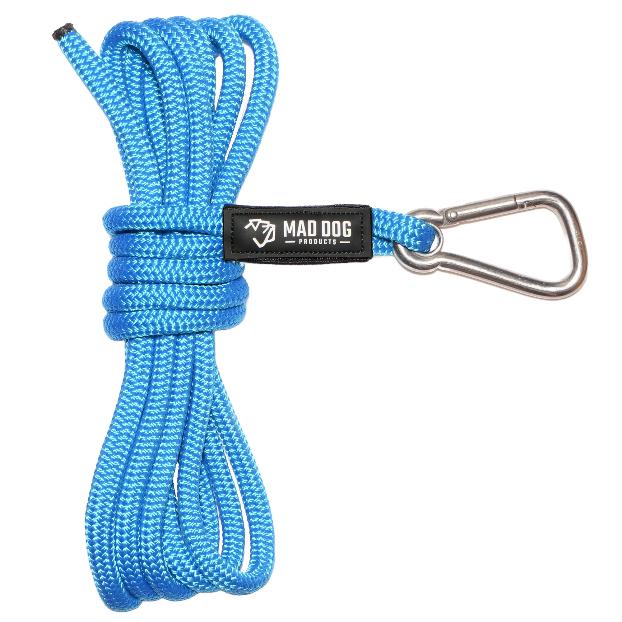Blue stainless steel clip rope for marine use by Mad Dog Products.