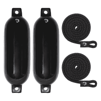 Mad Dog Inflatable Boat Fenders Set Black inflatable boat fenders with ropes for boat protection.