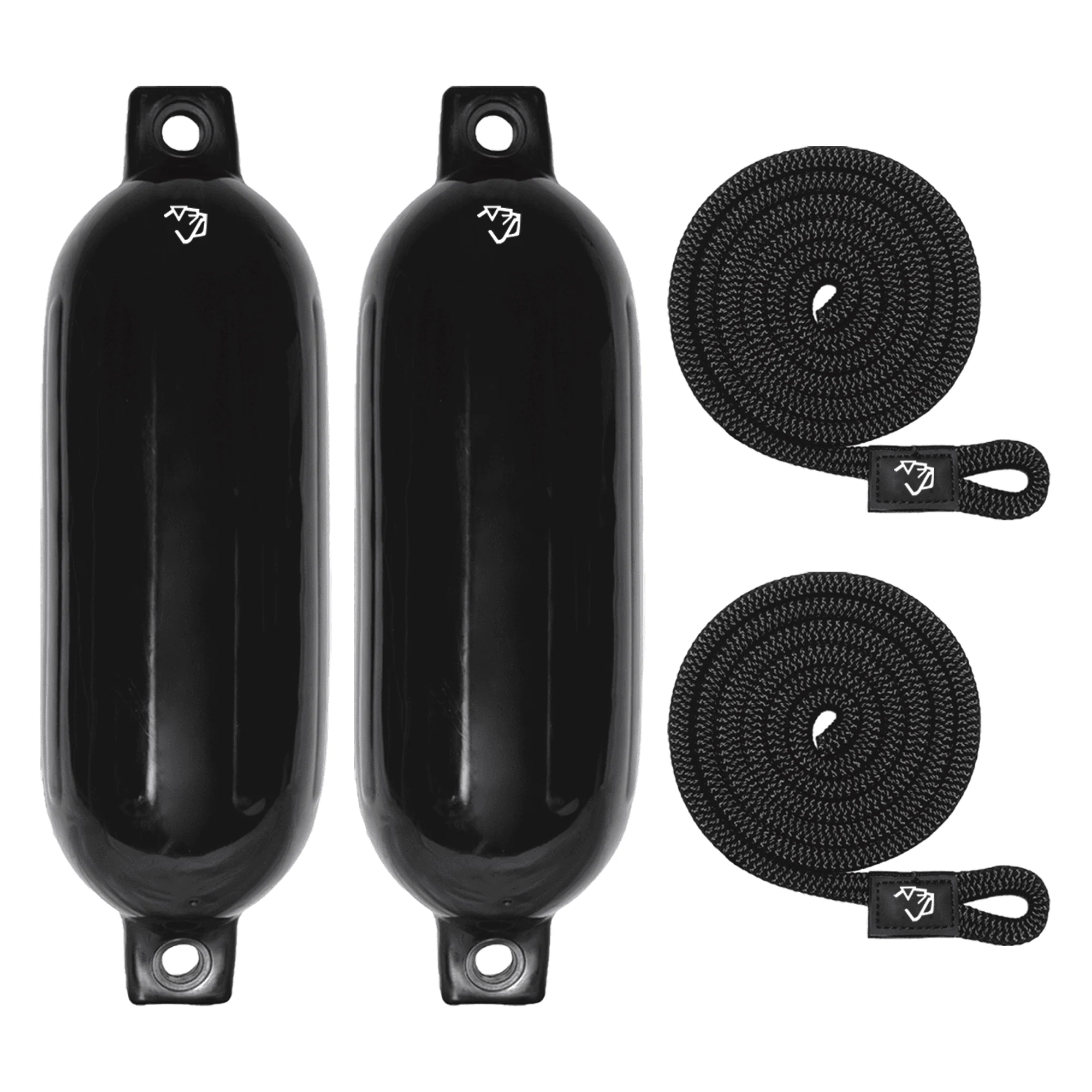 Black inflatable boat fenders with ropes for boat protection.