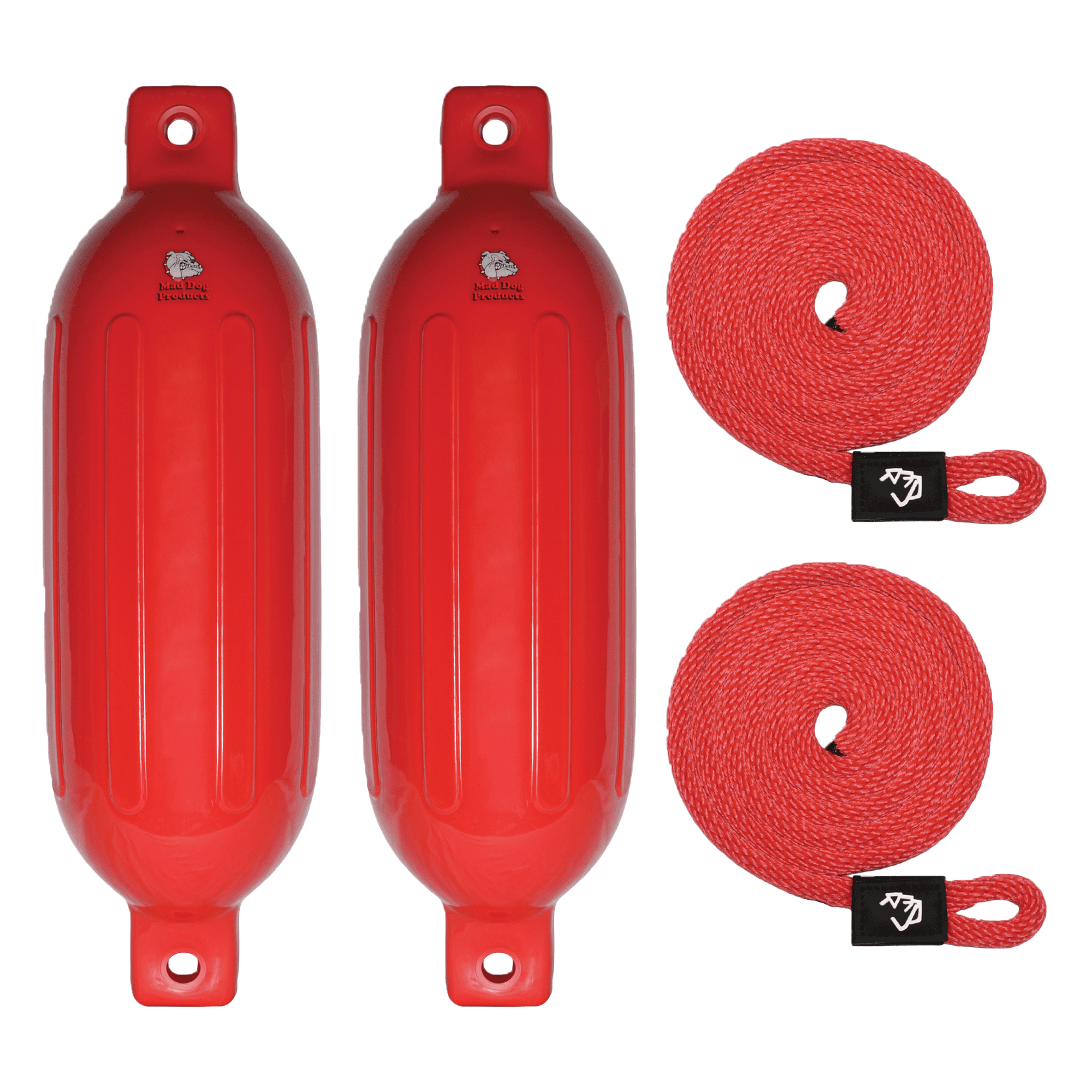 Mad Dog Inflatable Boat Fenders Set Red inflatable boat fenders with towing lines for boat protection.
