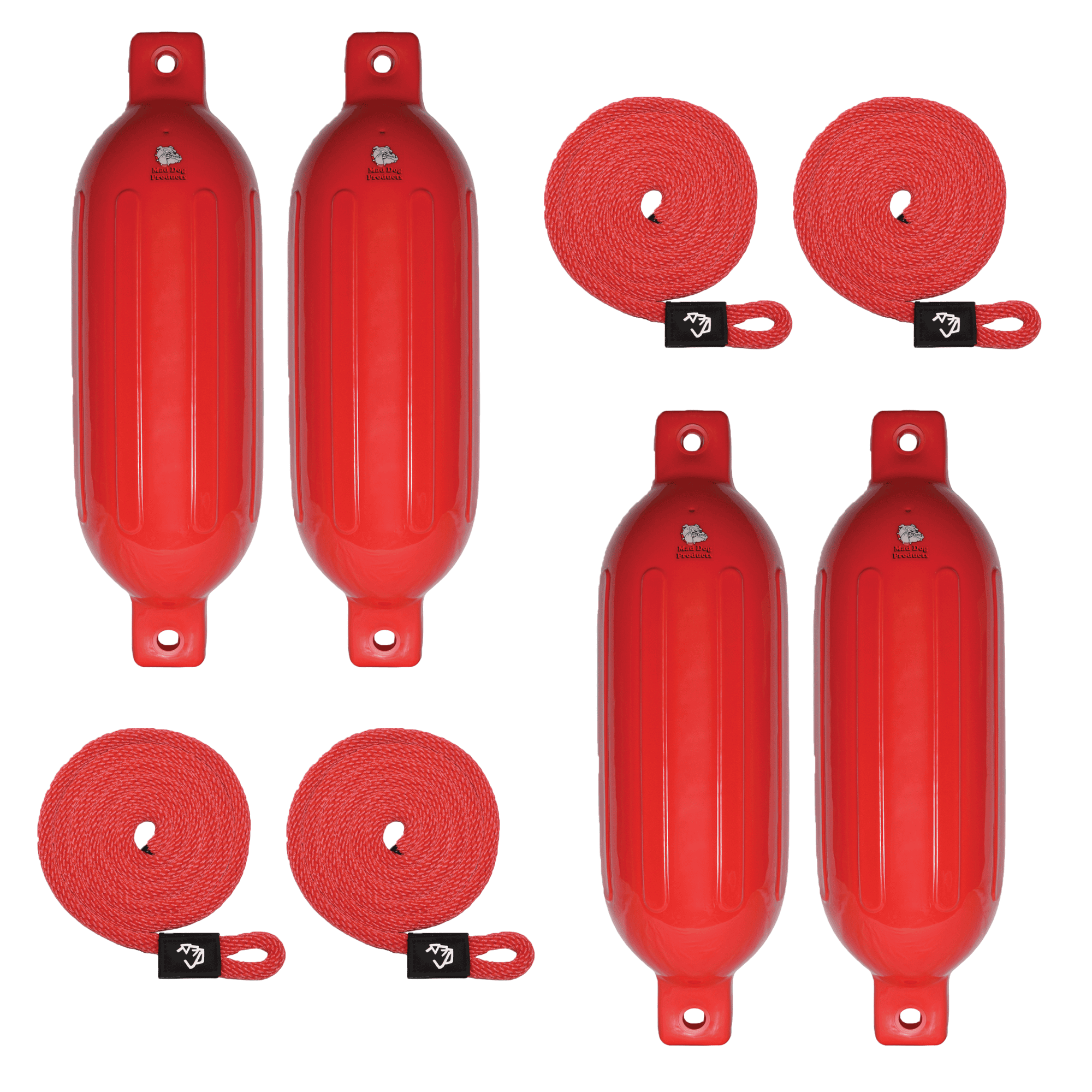 Mad Dog Inflatable Boat Fenders Set Red inflatable boat fenders with ropes for boat protection.
