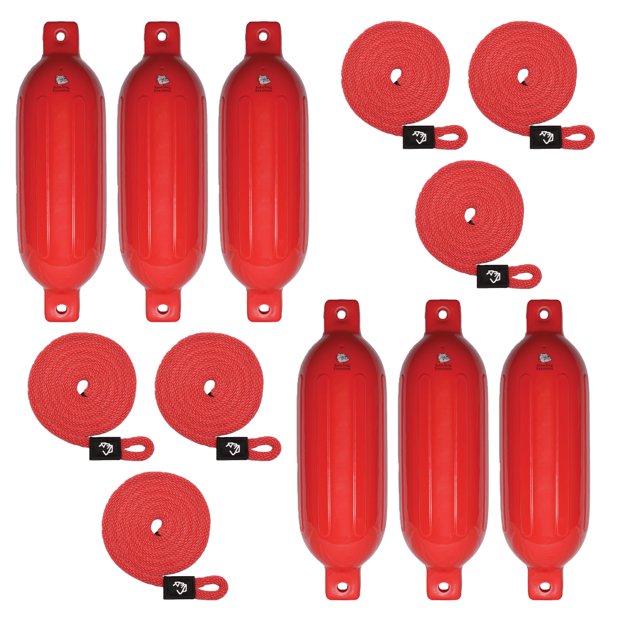 Mad Dog Inflatable Boat Fenders Set Red inflatable boat fenders with dock line accessories for boat protection.