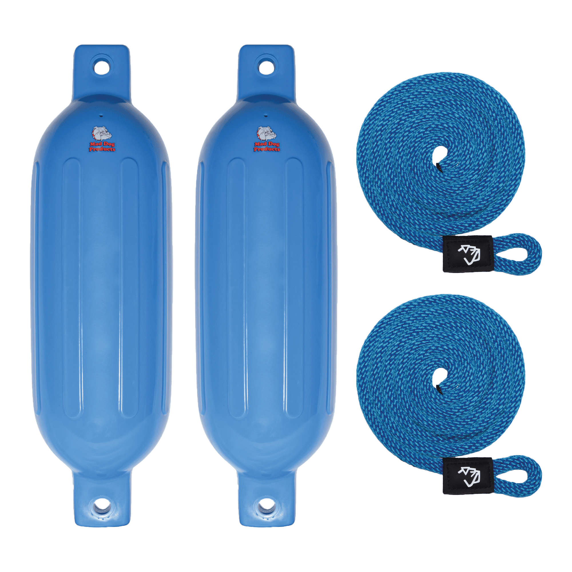 Mad Dog Inflatable Boat Fenders Set Blue inflatable boat fenders with matching dock lines for boat protection.