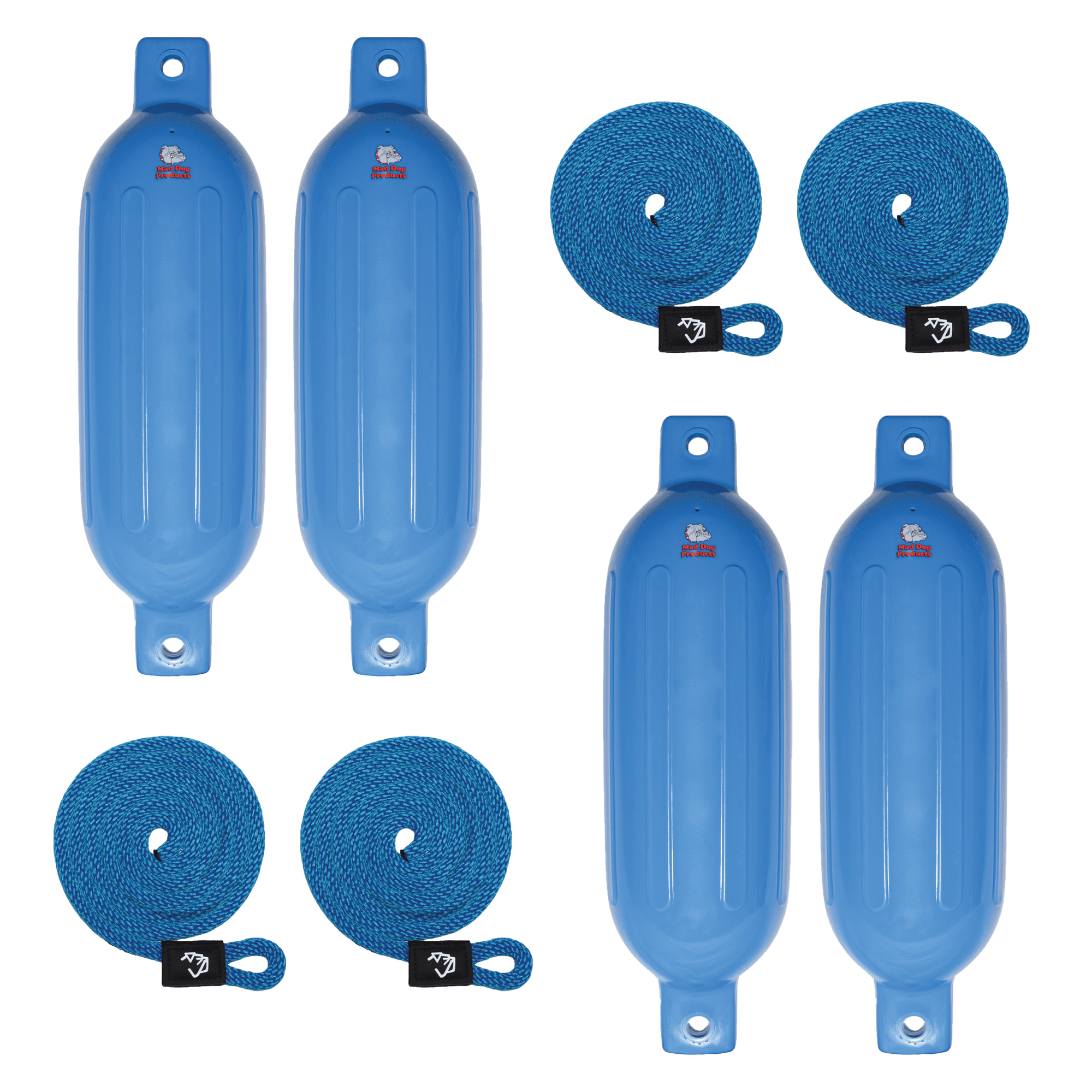 Mad Dog Inflatable Boat Fenders Set Blue inflatable boat fenders with ropes for boat protection.